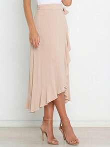 Women's Flowy Wrap Midi Skirt With Tie Waist And Split Hem, Lightweight Casual Summer Beach Skirt For Holiday - 米色 - 查看 4