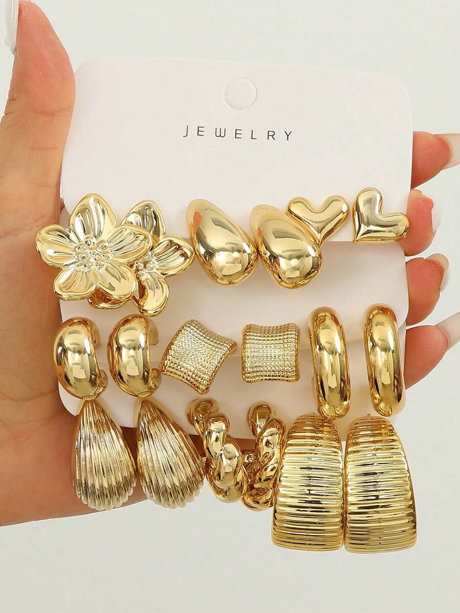 Juego de 6-18 piezas de aretes de tono dorado, elegante y con estilo, adecuado para uso diario, fiestas y eventos - Multicolor - Ver 1