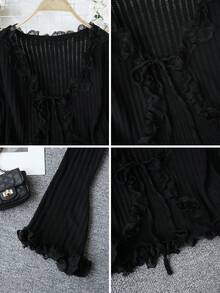 新款春夏韩版修身荷叶边V领针织衫女款黑色 - 黑色 - 查看 9