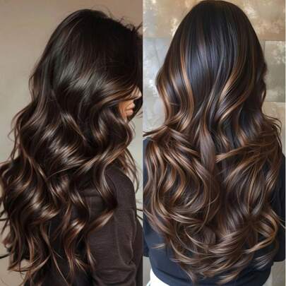 NATAN 24-Inch Ombre Brown Layered Wavy Wig For Women - Synthetic Dark To Light Brown Gradient, Long Curly Body Wave Style, Natural Look For Daily & Party Wear, Party Hairpiece | Natural Look Wig | Highlighted Wig, Wig Accessories