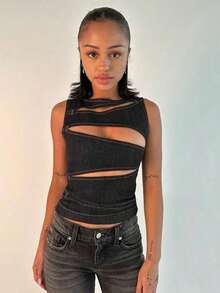 New Women's Clothing Spice Girl Sexy Hollow Imitation Denim Vest Top Women - màu đen - Xem 1