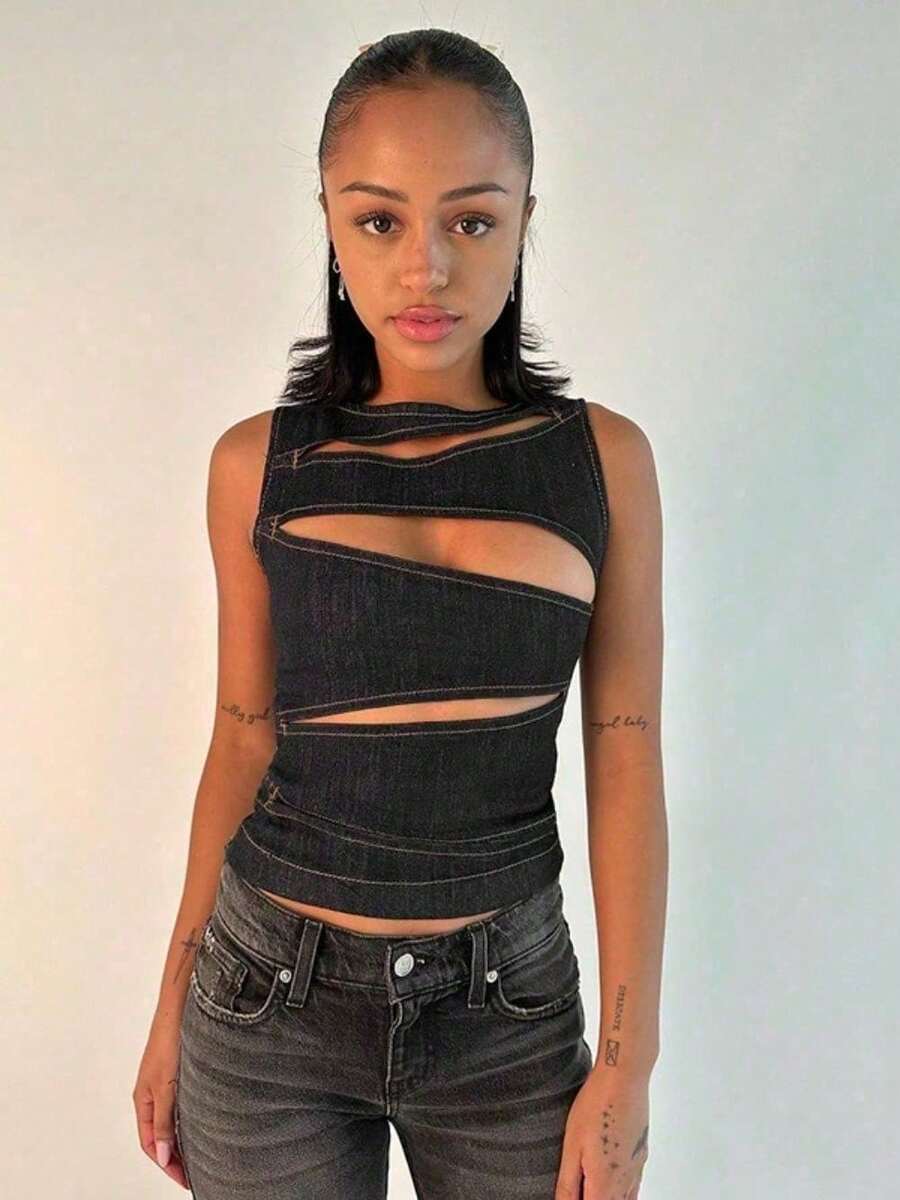 New Women's Clothing Spice Girl Sexy Hollow Imitation Denim Vest Top Women - màu đen - Xem 1