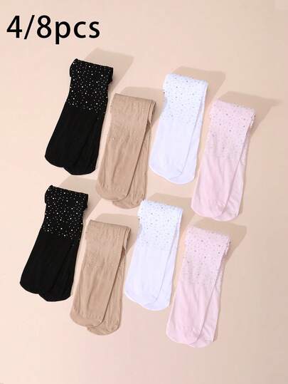 4/8pcs Girls Rhinestone Decorated Ultra-Thin Tights, Skinny Elastic Shiny Pantyhose Suitable For Performance, Daily Wear