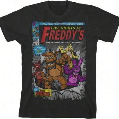 Men's Casual Print Round Neck Short Sleeve T-Shirt Unique Print Casual T-Shirt Five Nights Sister Location Funtime Freddy Foxy And Baby Boy's Black T-ShirtFive Nights At Freddy's Celebrate Boy's Black T-ShirtFive Nights At Freddy's Character Squares Boy's Black T-ShirtFive Nights At Freddy's Characters Pins Boy's Black T-ShirtFive Nights At Freddy's Comic Cover Art Boy's Black T-Shirt Perfect Thanksgiving Christmas New Year Gift Soft,Durable Round Neck Casual Top For Spring,Summer,And Fall
