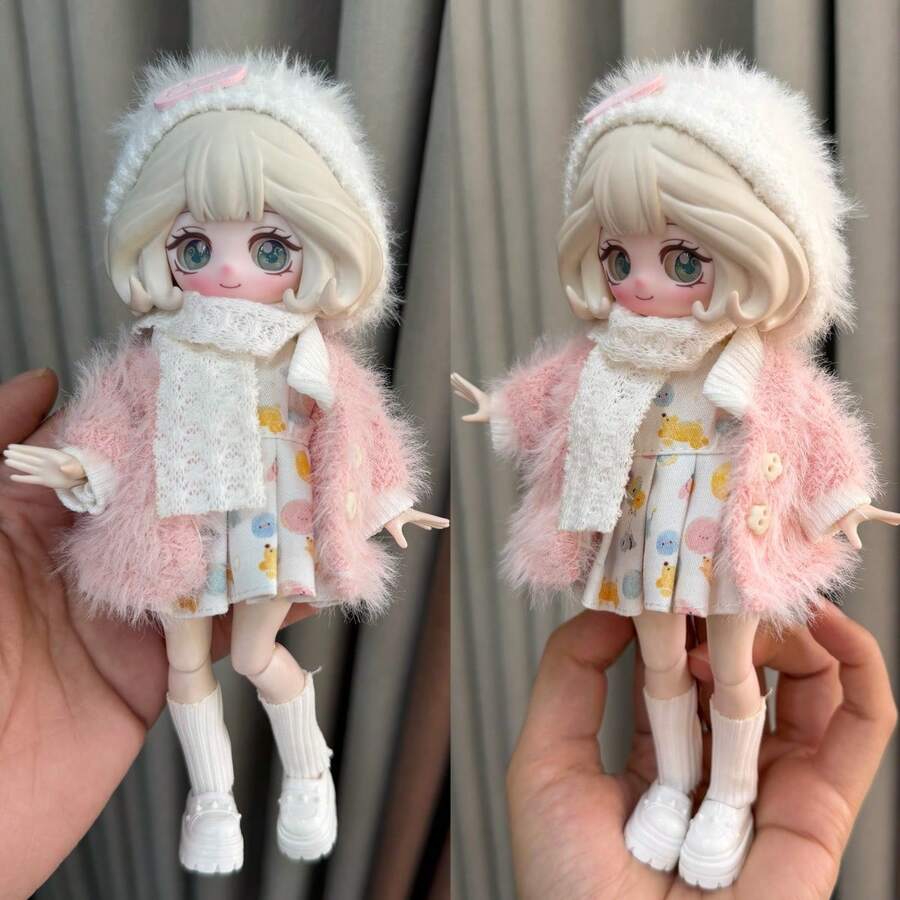 OB11 娃娃服装 8 件套：复古格子毛绒外套、牛仔背带裤、可爱小熊连帽衫、多款可互换配件（不含娃娃和鞋子） - 彩色 - 查看 1