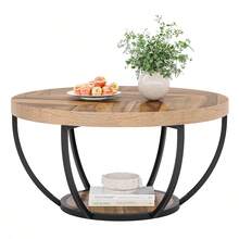 Tribesigns Round Coffee Table, Industrial 2-Tier Circle Coffee Table With Storage Shelves, Modern Wooden Accent Center Table Sofa Side Table For Living Room, Wooden Grain And Black - Mocha Brown - View 10