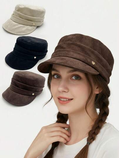 1顶复古心形金属装饰平顶报童帽，仿麂皮褶皱马术帽，艺术家帽