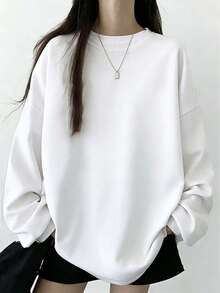 女士百搭纯白色长袖宽松休闲打底T恤，适合学生、日常穿着、通勤等场合，春季必备 - 白色 - 查看 1