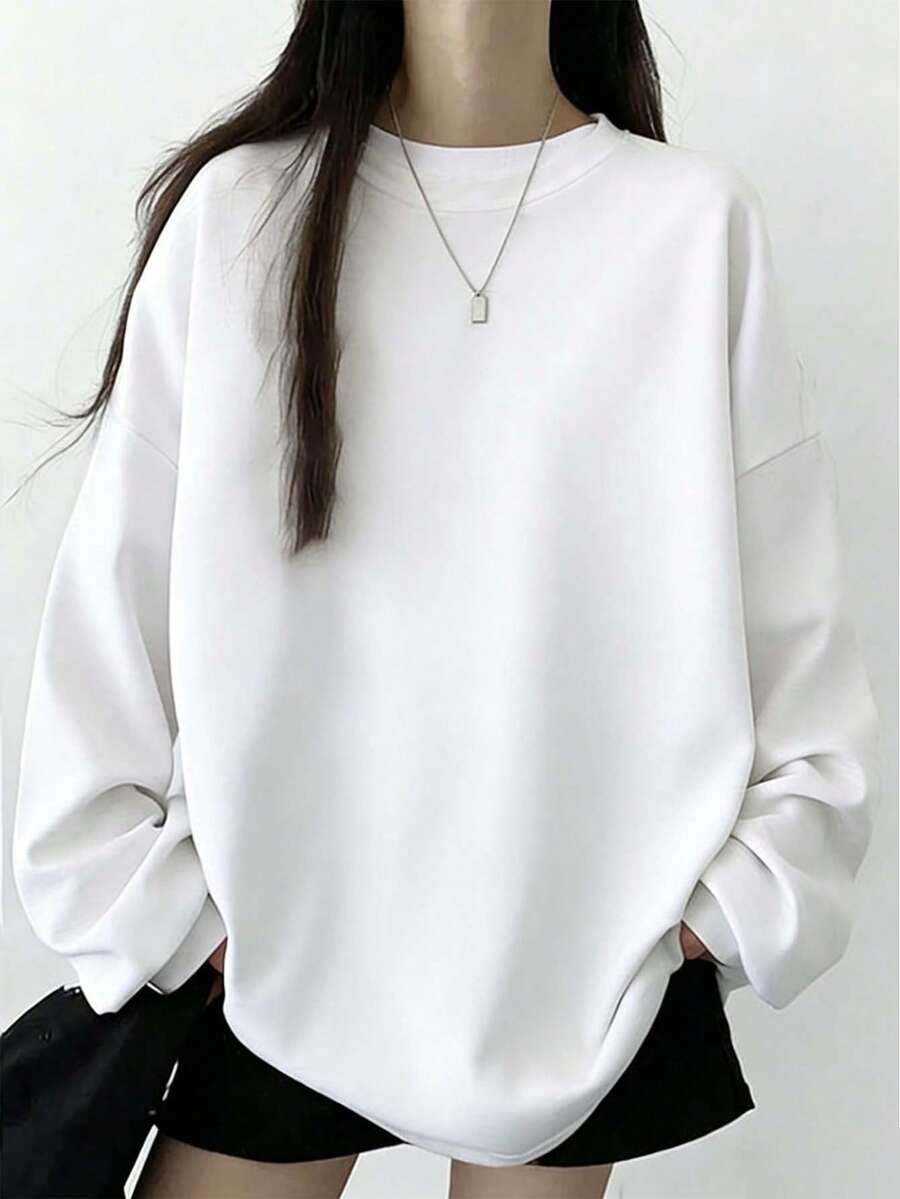 女士百搭纯白色长袖宽松休闲打底T恤，适合学生、日常穿着、通勤等场合，春季必备 - 白色 - 查看 1