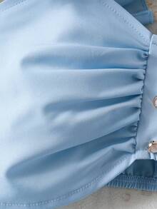 2件套女童褶皱吊带背心和3D玫瑰网纱拼接不对称短裤套装，夏季 - 淺藍色 - 查看 6