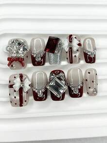 10pcs Luxury Holiday 3D Bow Pearl Chain Handmade Press-On Shiny Polka Dot Artificial Nails, Removable & Reusable Nail Art Supplies (1 Jelly Sticker + 1 Nail File) - Burgundy - View 1