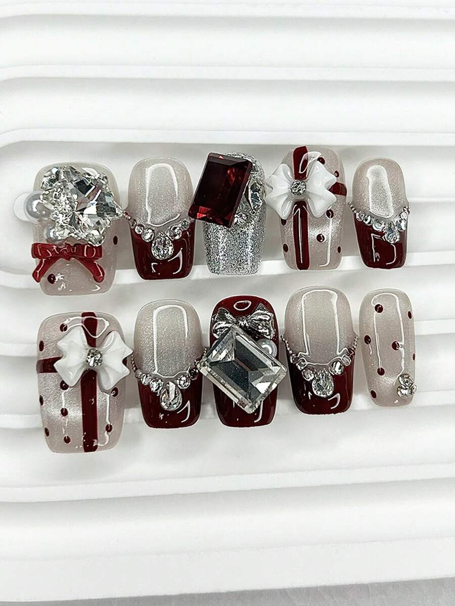 10pcs Luxury Holiday 3D Bow Pearl Chain Handmade Press-On Shiny Polka Dot Artificial Nails, Removable & Reusable Nail Art Supplies (1 Jelly Sticker + 1 Nail File) - Burgundy - View 1