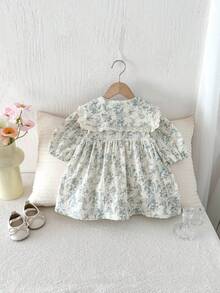 Miniweenns 1pc Baby Girls' Outdoor Casual Ditsy Floral Long Sleeve Loose Fit Dress, Princess Style, Spring/Autumn - Baby Blue - View 4