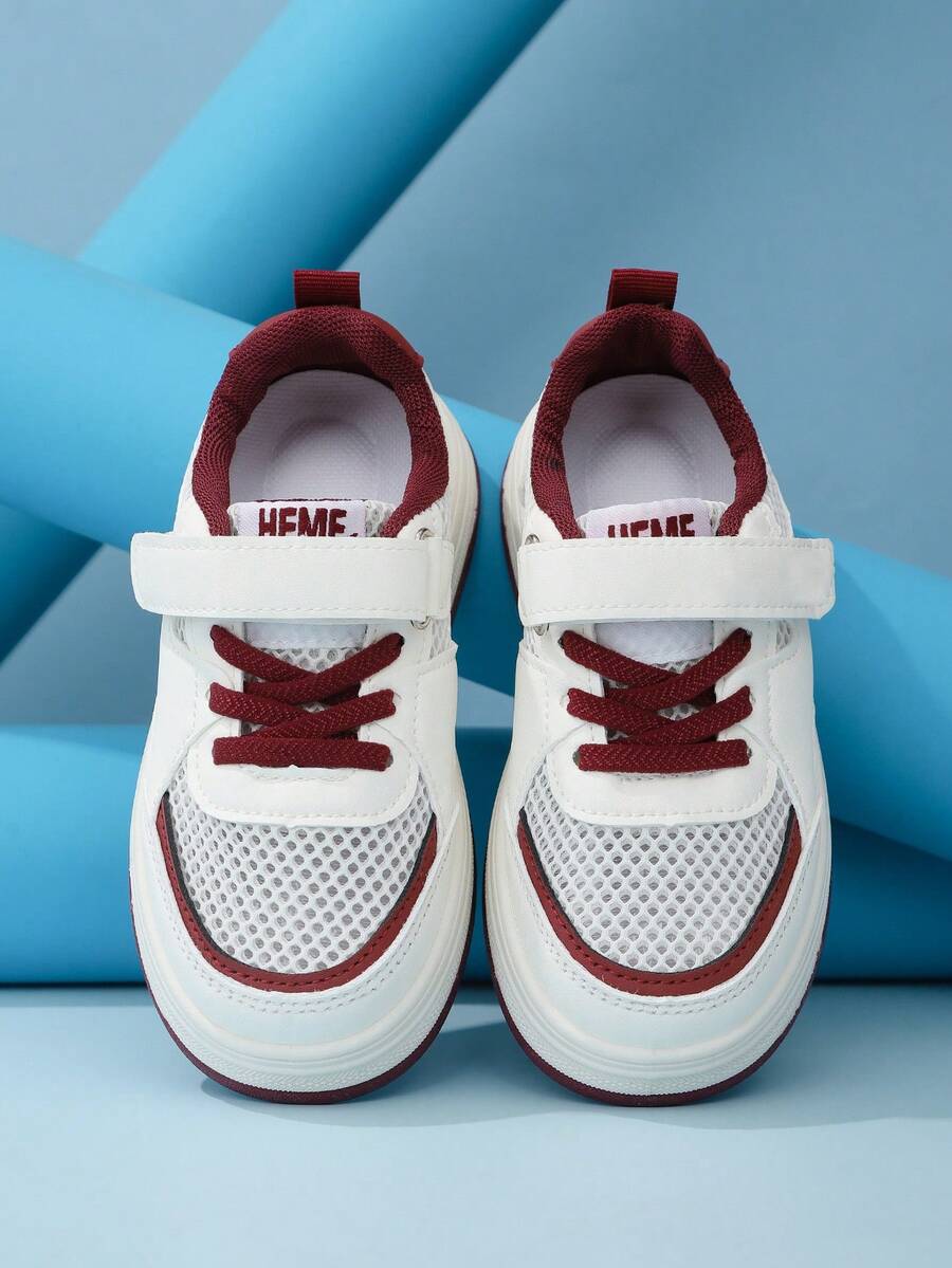 A Pair Of The Latest Children's White And Red Color-Matched Hook And Loop Mesh Breathable Sports Shoes - Easy To Wear, It Is An Excellent Choice For School Life, Daily Outings, Shopping, Park Play, And Outdoor Sports. It Can Be Easily Matched With Various Children's Outfits, Featuring A Casual, Fashionable And Comfortable Style. - Red - View 1