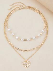 2件套时尚项链，优雅女士爱心吊坠仿珍珠串珠多层项链，派对宴会珠宝配饰 - 項鍊 - 查看 3