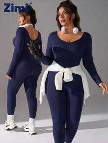 Zimi Collection 1XL-5XL Plus Size Seamless Sports Shapewear Bodysuit | Navy Blue Ruched Butt Lifting Tummy Control Compression Workout Jumpsuit For Gym Yoga Running Training - Navy Blue - View 4