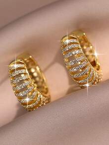 1 đôi bông tai vòng mạ vàng kẻ sọc tuyệt đẹp, đính đá Cubic Zirconia, quà tặng thời trang cho vợ, mẹ nhân dịp sinh nhật, kỷ niệm, đính hôn, trang sức đồng. - Vàng - Xem 1