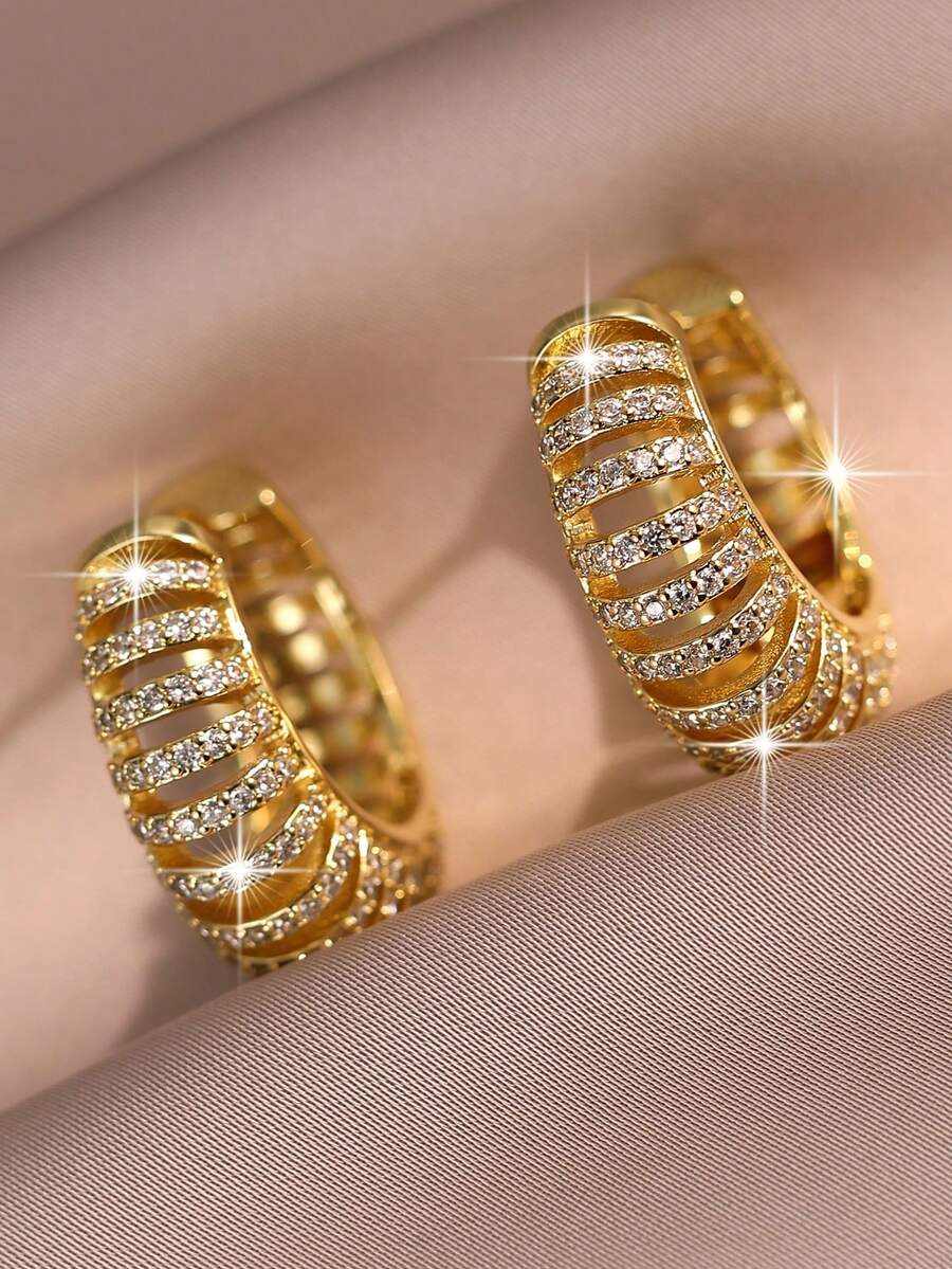 1 đôi bông tai vòng mạ vàng kẻ sọc tuyệt đẹp, đính đá Cubic Zirconia, quà tặng thời trang cho vợ, mẹ nhân dịp sinh nhật, kỷ niệm, đính hôn, trang sức đồng. - Vàng - Xem 1