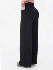 女士瑜伽裤 高腰弹力休闲柔软直筒裤 - 黑色 - 查看 3