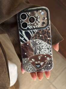 秋冬甜美辣妹拼接动物纹星空图案手机壳,兼容 17 Pro Max、16 Pro、13、14 Pro、15 Pro,创意双层防震手机壳 - 彩色 - 查看 4