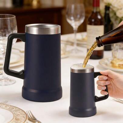 Tarros De Cerveza De Acero Inoxidable 24 Oz, Taza De Cerveza Con Mango Grande Y Doble Aislamiento, Ideal Para Hombres Y Mujeres, Hogar, Reuniones, Asados Y Fiestas (Azul Oscuro)