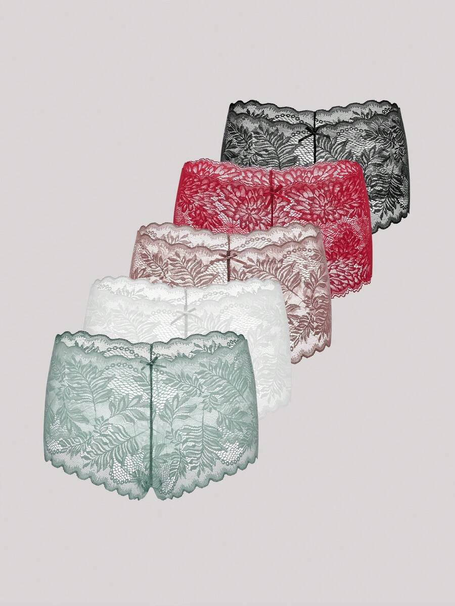 Hourtrue 5Pcs Sexy Ladies Lace Floral Patterned Square Cut/Boxer Shorts - Multicolor - View 1