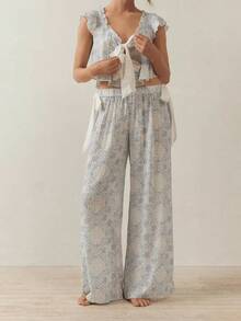 2 Piece Women's  Floral Pajamas Sets Tie Front Fly Sleeves Crop Tops And Elastic Waist Wide Leg Pants Sets Lounge Outfits Sleepwear Homewear - Màu xanh lam - Xem 5