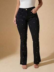pthirillo Women's Black Flare Jeans With High-Waisted Butt-Lifting Effect And Rhinestone Detail. - 水鑽圓點 - 查看 1