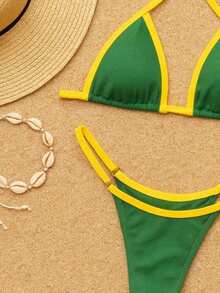 Women's Summer String Bikini With Adjustable Sides - 綠色帶黃色 - 查看 3