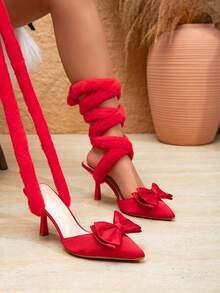 Women's New Bow Tie High Heel Shoes, Pointed Toe Stiletto Heels Wedding Party Dress Shoes - Red - View 2