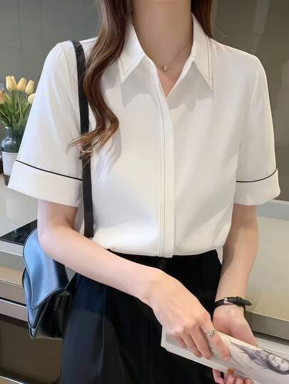 Women's Elegant White Satin Blouse, Short Sleeve Loose Design Fashionable Chic Shirt Top, Professional Women's Wear, Quality Satin Fabric, High-End Style, Suitable For Office Or Formal Occasions, All Seasons