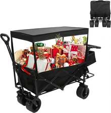 Carrito Plegable Portátil y Carriola para Exteriores hasta 70 Kg, Ruedas 360° Todo Terreno con Freno, Incluye Toldo y Cesta de Tela, para Niños y Mascotas, Carretilla Wagon Vagón con Funda - Negro - Ver 7