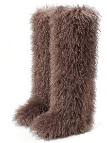 Women's Winter Knee High Boots Pull-On Faux Fur Round Toe Strap Boots For Women Comfy Plush Warm Outdoor Indoor Flat Shoes Punk Party Dressy Furry Fluffy Winter Autumn Fall Boots - 長款棕色 - 查看 6