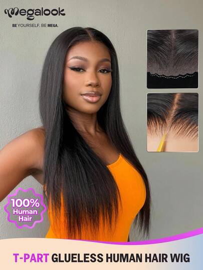 MEGALOOK 20 Inch Glueless Straight Lace Front Wig, 100% Human Hair, 6x6 T-Part Closure Wig - 10-20 Inch Long Bob Wig, Pre-Cut Pre-Bleached Knots, Glueless Wig, Transparent Lace Skin-Friendly, Natural Hairline, Natural Black Color, No Glue Needed, Beginner Friendly, Durable & Lightweight, All-Day Comfort