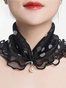 1pc Faux Pearl Pendant Scarf Necklace, Lace Collar Chiffon False Collar - Black and White - View 7