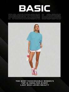 Women's Round Neck Short Sleeve Oversize Fit T-Shirt For Spring/Summer-Unisex Loose - Fit Comfortable Vintage Street - Style Cotton T - Shirt Top-Summer Casual Vintage Cotton Printed T-Shirts For Couples - 淺藍色 - 查看 8