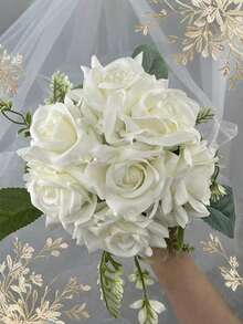 1pc Mini Bridesmaid Rose Bouquet, Artificial Flowers, Suitable For Weddings, Parties, Photo Decoration, Valentine's Day - White - View 1