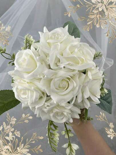 1 pieza Mini ramo de dama de honor de rosas, flores artificiales, adecuado para bodas, fiestas, decoración de fotos, Día de San Valentín