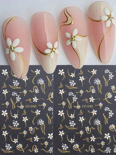 2pcs/Set FC-040 White Flower Gold Line Nail Art Stickers, Pink Nail Matching Water Transfer Decals, Professional Nail Salon & DIY Enthusiasts, Trending Ins Gold Line Flower Nail Art, Self-Adhesive Waterproof Long-Lasting, High-End Ins Style Nail Art Accessories