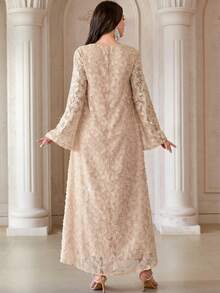 Elegant Women's Long Sleeve V-Neck Arabian Dress, Woven Fabric With Beaded Applique Decor Vacation Spring Fall - Apricot - View 3
