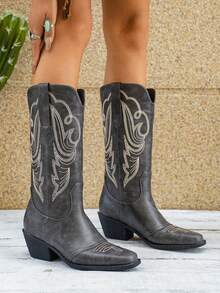 女士西部牛仔靴，新款欧美西部风格，饰以传统刺绣，假日休闲方头低跟靴底，防滑耐磨，不易疲劳，适合牧场文化牛仔派对和街头文化时尚日常节日穿着。 - 灰色 - 查看 2