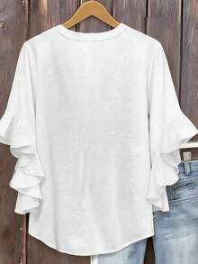 Plus Size Women V-Neck Ruffle Sleeve Blouse White Spring - White - View 3