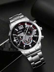 2pcs/Set Men's Business Silver Watch Set, Including 1 Silver Metal Band Multi-Function Black Dial Quartz Watch And 1 Black PU Leather Wallet. Steady And Elegant Style, Showcasing Fashionable Charm. Suitable For New Year's Office, Business Meetings And Various Occasions. - Silver - View 3