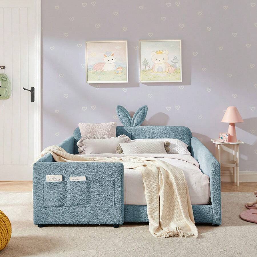 YOGLAD Full Size Upholstered Platform Bed Frame With Rabbit Ear Shaped Headboard & Safety Rails, Boucle Fabric Bed With Storage Drawers, Soft Plush Headboard, No Box Spring Needed, Easy Assembly, Modern Low Profile Bedroom Bed Furniture - Blue ( Full) - 查看 1