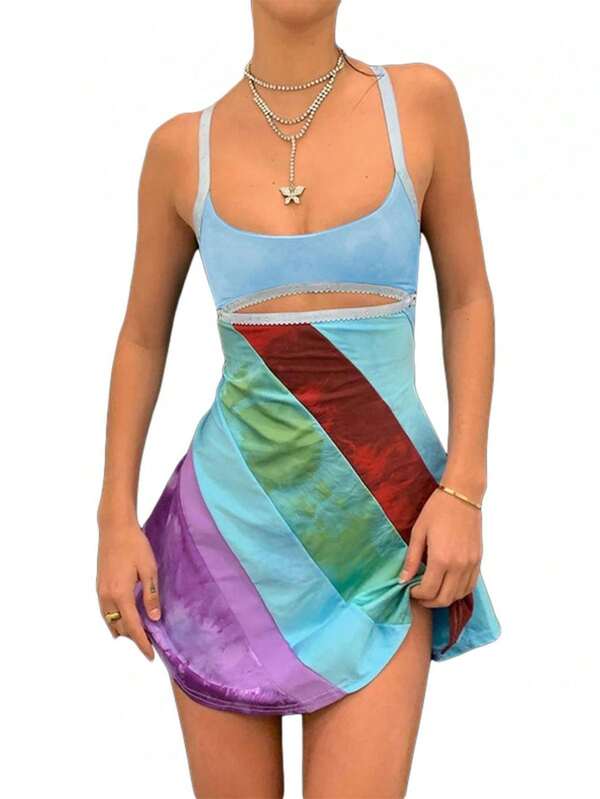 Womens Casual Suspender A-Line Dress Fashion Contrast Color U-Neck Hollow Short Dress