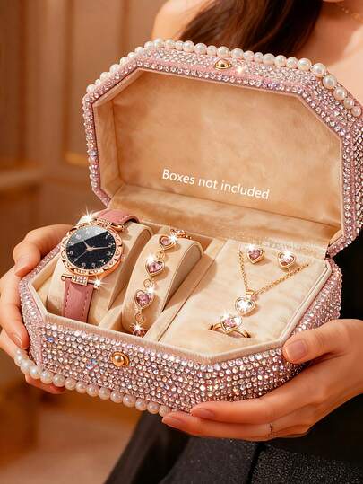 6/5 piezas Relojes de cuarzo con puntero numérico elegantes de moda para mujer, adecuados para que las mujeres los usen, con juegos de collares, pulseras, anillos y aretes a juego, ideal como regalo de cumpleaños/fiesta para mujeres, perfecto para volver a la escuela, fiestas y vida diaria. Temporada de graduación, Día de San Valentín, el regalo perfecto para ella