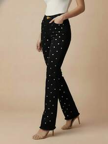 pthirillo Women's Black Flare Jeans With High-Waisted Butt-Lifting Effect And Rhinestone Detail. - 鏡子標誌 - 查看 8