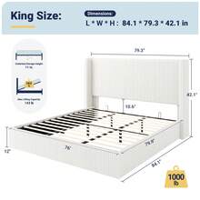 Allewie Full/Queen/King Size Lift-Up Storage Bed Frame With Modern Wingback Headboard, Corduroy Upholstered Platform Bed, Hydraulic Gas Lift Support, Underbed Storage, Wooden Slats, No Box Spring Needed, White - 白色 - 查看 11