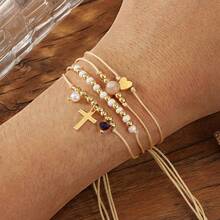 1件装时尚简约铜珠十字架吊坠手链，仿珍珠手链，黑色水晶手链，心形手链，太阳石半宝石手链，可叠戴手链，十字架复活节贺卡，可调节编织手链，适合女性日常通勤、家庭、姐妹、生日礼物、家庭礼物、情人节礼物、女士礼物、周年纪念礼物 - 彩色 - 查看 5