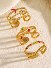 3pcs 18K Gold Plated Stainless Steel Vintage Geometric Line Star Moon Sun Ring Set, Elegant & Fashionable, Suitable For Women Daily, Festival, Friends Gathering, Couple Dating, Holiday Wear - Multicolor - View 1